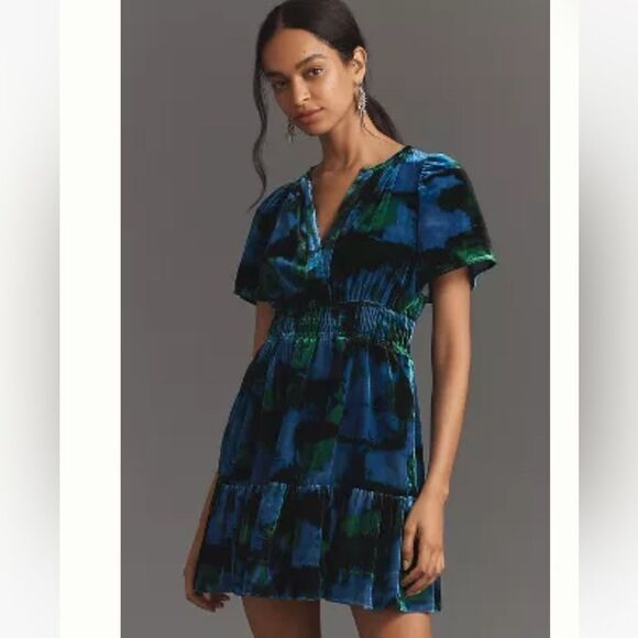 Anthropologie THE SOMERSET MINI DRESS: VELVET EDITION Blue, Green, Blk XS NWT - Picture 1 of 8
